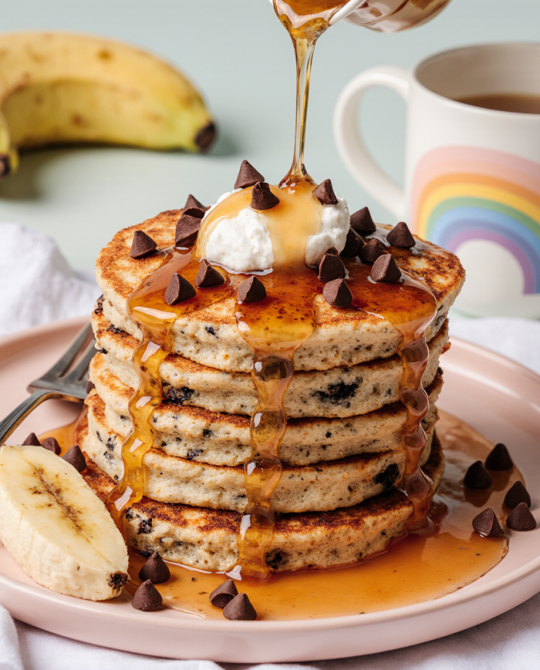 Banana Chocolate Chip Pancakes with Maple Syrup