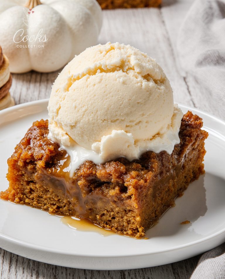 Caramel Pumpkin Crumb Cake with Vanilla Ice Cream