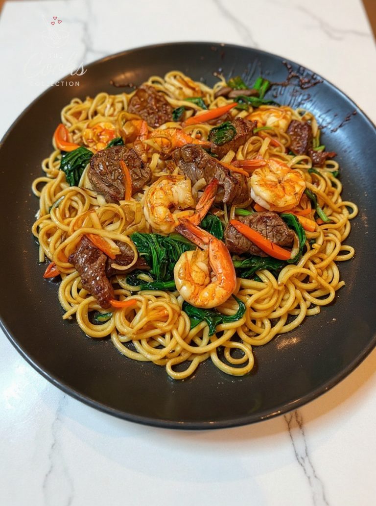 Garlic Noodles with Shrimp & Steak