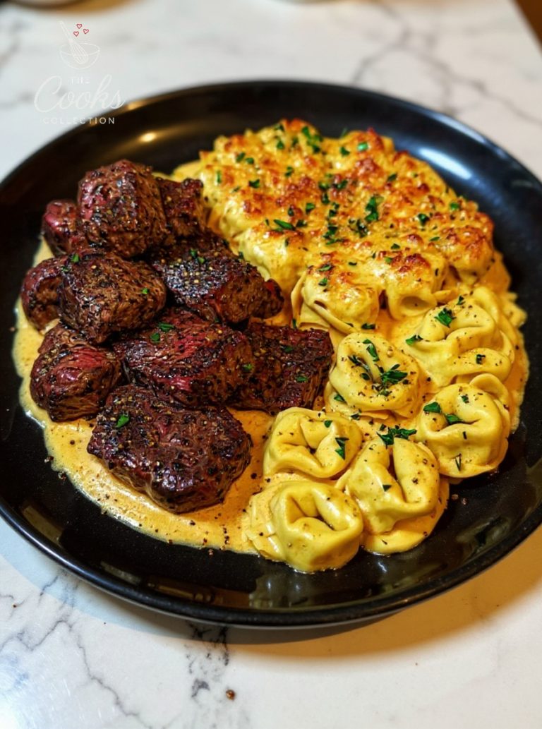 Seared Steak Bites with Crispy-Broiled Three-Cheese Tortelloni in Vodka Cream Sauce