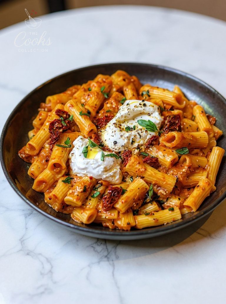 Sun-Dried Tomato Rigatoni with Burrata and Basil Oil