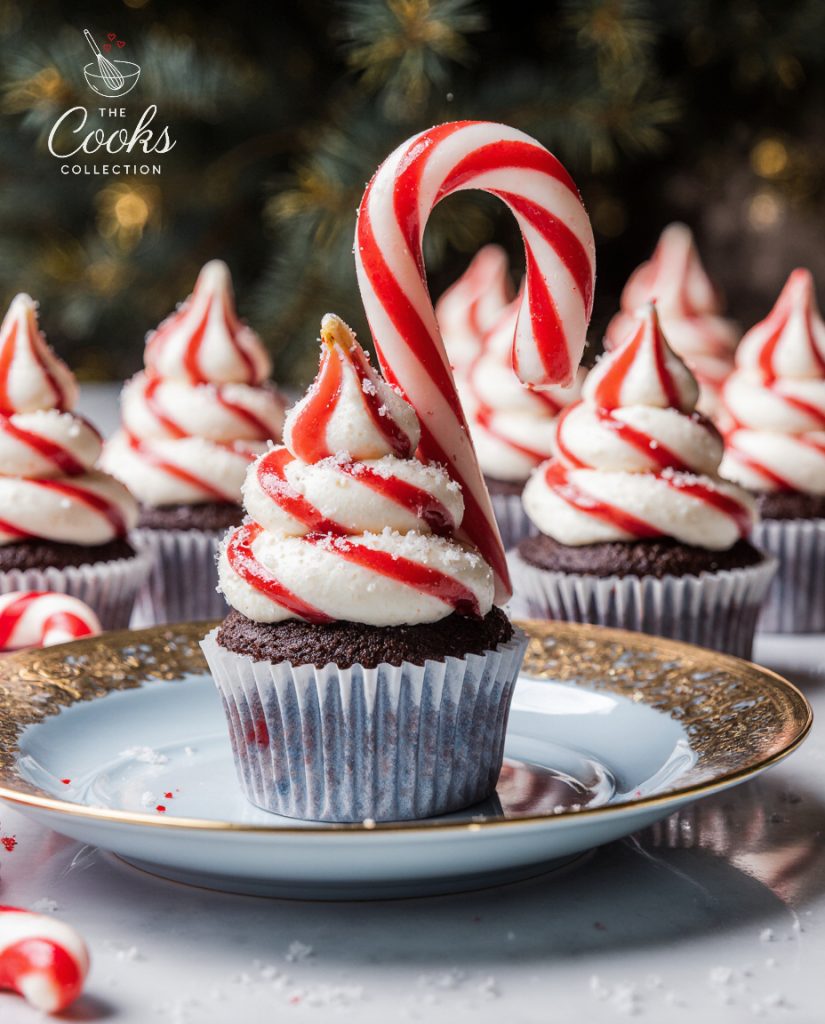 Peppermint Mocha Cupcakes with red and white swirled frosting and candy canes