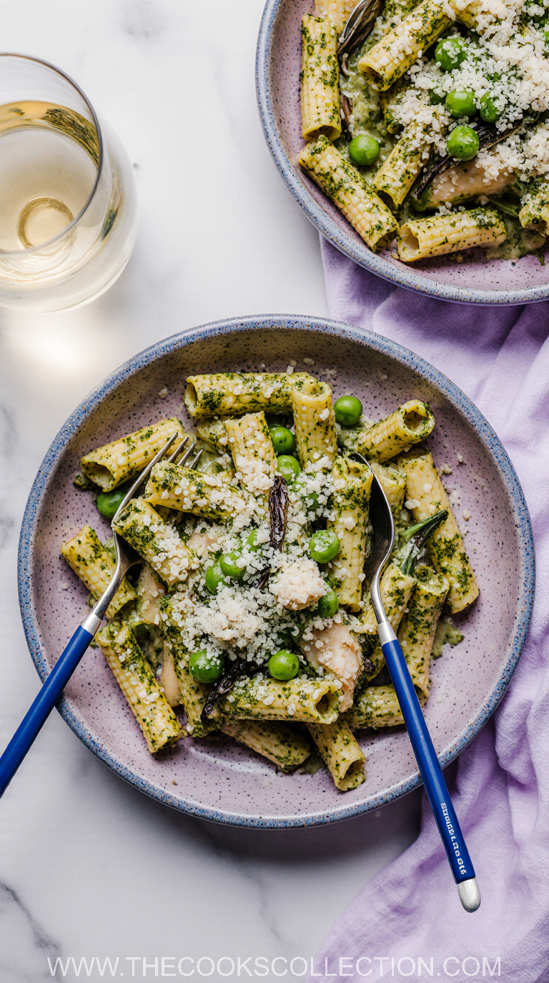 Creamy Basil–Pea Pesto Rigatoni