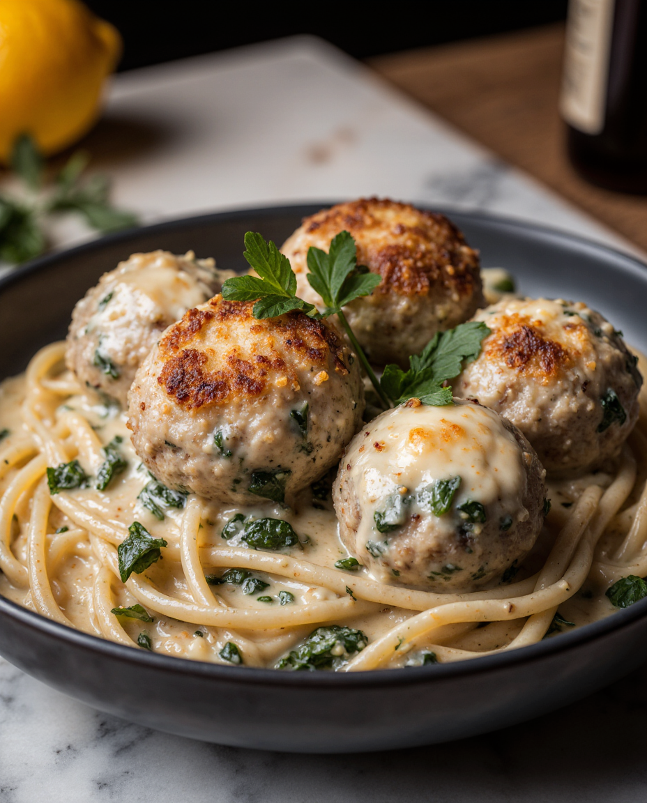 Creamy Chicken Meatballs with Spinach Pasta