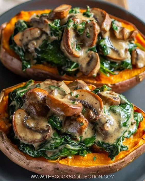 Creamy Garlic Mushroom & Spinach Stuffed Sweet Potatoes