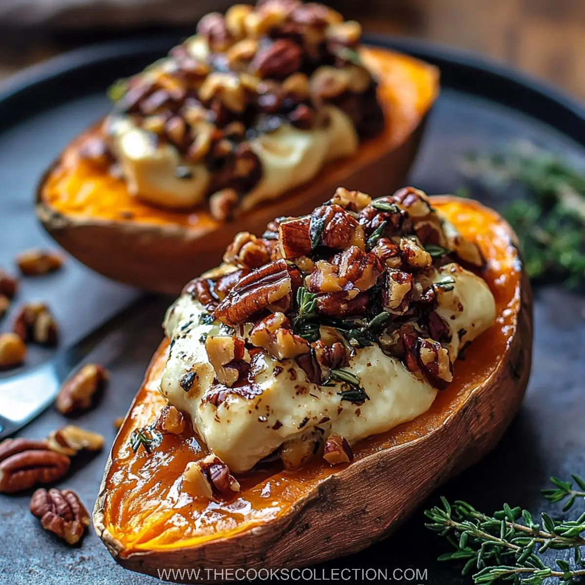 Roasted Sweet Potatoes with Warm Brie & Maple–Thyme Pecan Crunch