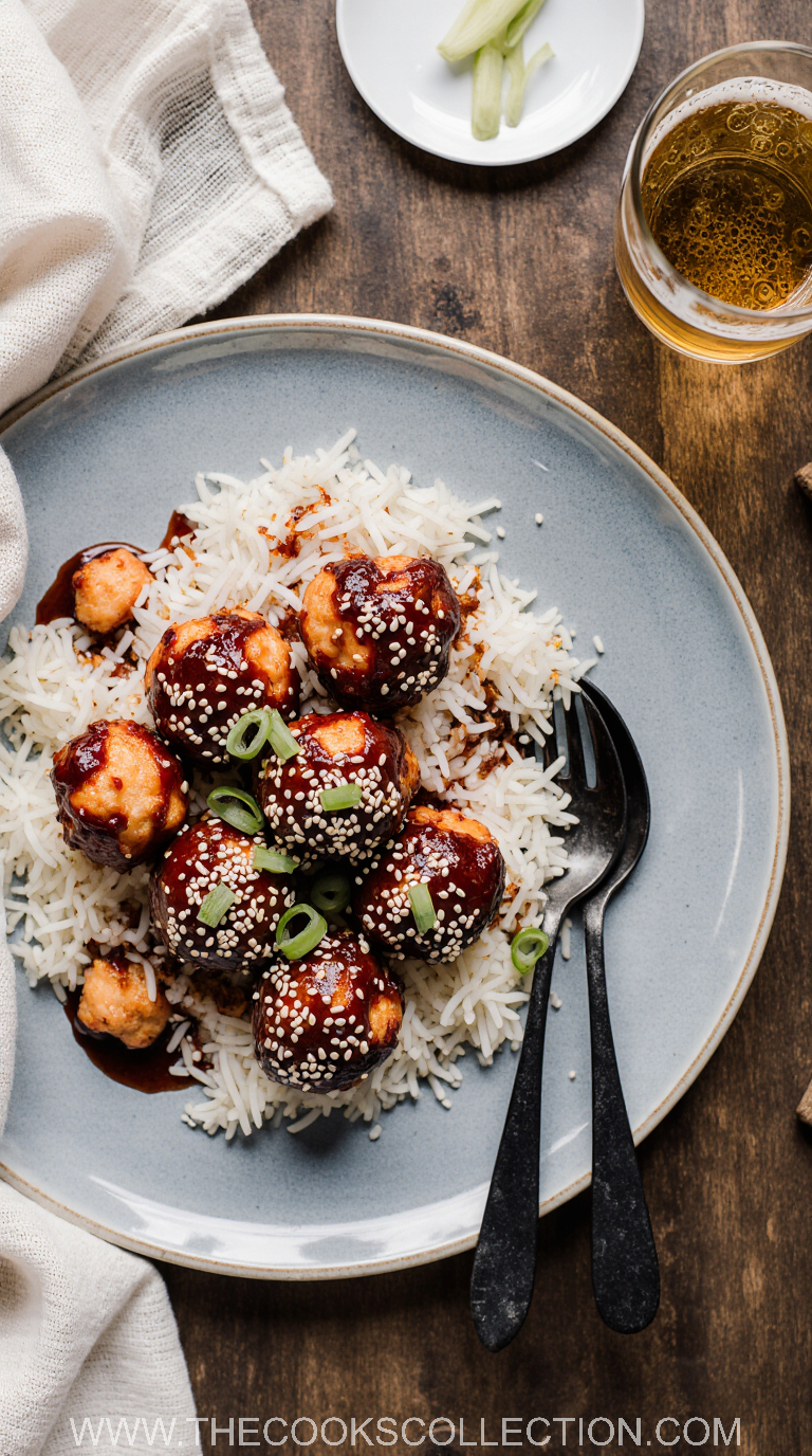 Sticky Gochujang Chicken Meatballs over Sesame Rice