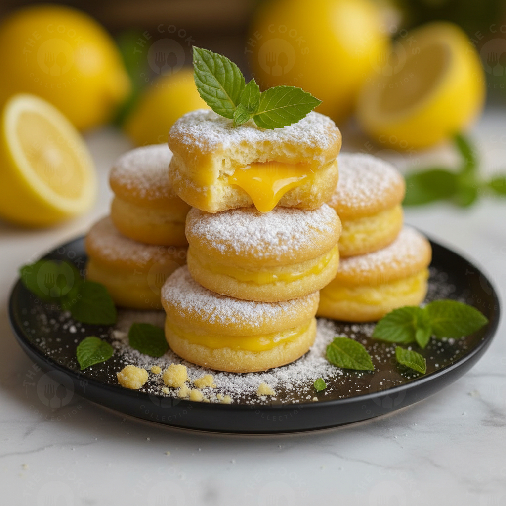 lemon shortbread creme filled cookies with powder sugar dusting